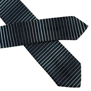 Richman Brothers Skinny Tie Men Black Blue Stripe Vintage Rayon Blend 60s Mod